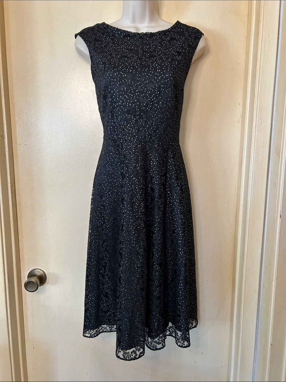 Tahari ASL Black Sparkle Lace Midi Dress size 6